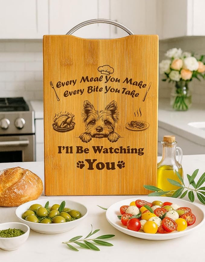 Personalized Engraved Bamboo Cutting Board, Funny Dog Gift for Dog Lovers, Holiday Gift, Handmade Kitchen Decor – I’ll Be Watching You (Yorkshire Terrier)