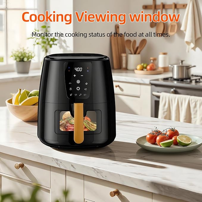 XKV 6.0 QT Digital Air Fryer with Window for Kitchen Use,Nonstick Made without PFAS, Touchscreen Display,160°F~400°F in Precise 5°,Customized Temp/Time,NonStick Basket,Black