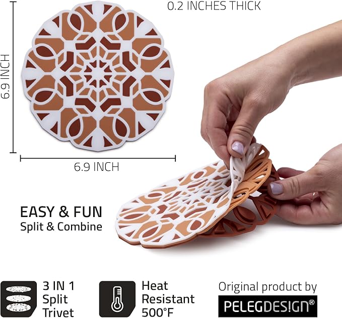 Peleg Design TriveTile Trivet Set – for Hot Pots and Pans - Fun and Decorative – Non-Slip Heat-Resistant Kitchen Trivets - Split into 3 Trivets, Holds 3 Dishes Simultaneously - 7x7 inches (Tan)