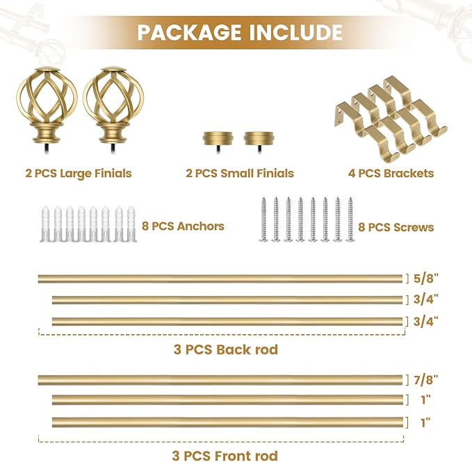 KAMANINA 1 Inch Double Curtain Rod 72 to 144 Inches (6-12 Feet), Gold Curtain Rods for Windows 66 to 120, Heavy Duty Telescoping Drapery Rod with Twisted Cage Finials