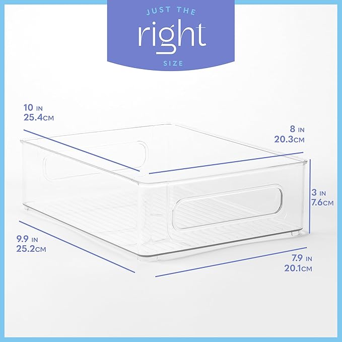 primebox Plastic Food Storage 8 Pack Clear Container Bin with Handles for Organizing Kitchen, Pantry, Refrigerator, Freezer, Pantry, Cabinet, Closet, Bathroom. Stackable 10”x8”x3”