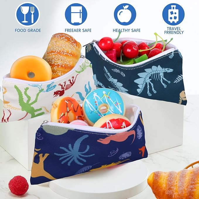 Chumia 6 Pcs Reusable Snack Bags Christmas Gifts Food Safety Washable Snack Bags Lunch with Zipper Portable Sandwich Bag Food Storage Pouch Double Layer (Dinosaur Skeleton,6.9 x 3.7 Inches)