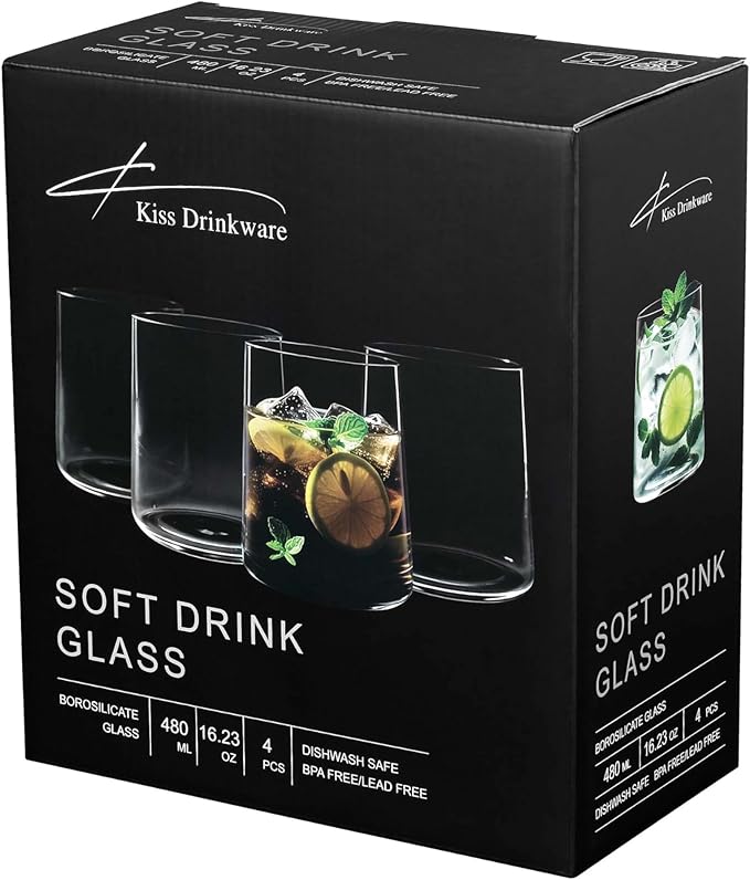 Joseph Sedgh Collection Clear Glass Tumbler Set of 4 – 16.5 oz Borosilicate Drinking Glasses – Durable, Lead-Free, Dishwasher Safe – Modern Water, Juice, Cocktail Glasses