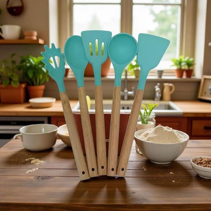 Silicone Cooking Spoons, 5-Piece Nonstick Utensil Set with Acacia Wood Handles - Heat-Resistant for Frying, Serving & Turning Spatula
