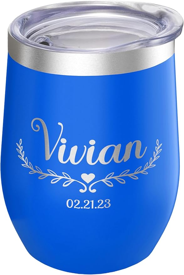 Gifts Inscribed Personalized Wine Tumbler with Lid – Blue Custom Engraved Stainless Steel Insulated Mug for Hot & Cold Drinks – Customized Bridesmaid, Wedding, or Birthday Gift