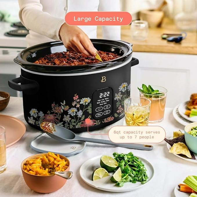 Beautiful 6 Qt Programmable Slow Cooker by Drew Barrymore - 5 Preset Cooking Functions, Digital Countdown Timer, Dishwasher-Safe Parts and Cool-Touch Handles -Wildflower Black Sesame
