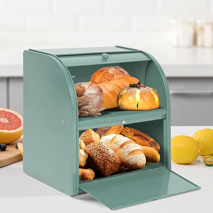 Bread Box, Metal Bread Box For Kitchen Countertop, Bread Storage Container Holds 2 Loaves Of Bread, High Capacity Breadbox, Bread Holder Suit Farmhouse Kitchen Decor For Counter