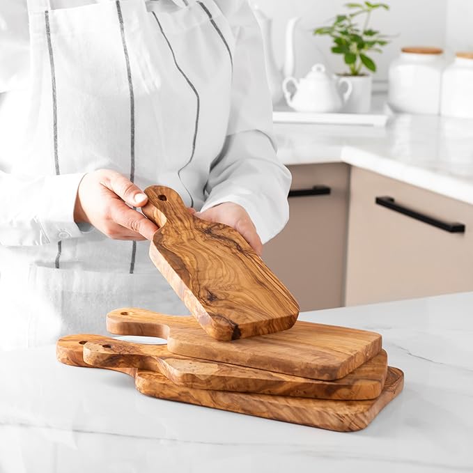 Premium Olive Wood Cutting Board Set of 4 - Handcrafted Sustainable Olivewood Boards with Beeswax Finish (9.05", 10.62", 11.81", 13.38") - Eco-Friendly, Durable, Knife-Friendly & Moisture-Resistant