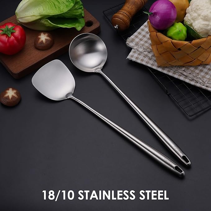 17” Wok Spatula and Ladle - 304 Stainless Steel Wok Tools Set, 2-Pieces Extra Long Handle Cooking Tools, All Metal Wok Utensils and Wok Accessories for Cast Iron/Carbon Steel Wok