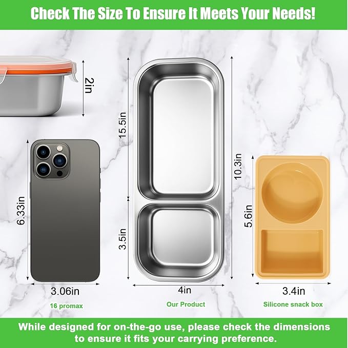 Palksky 2Pack Stainless Steel Snack Containers with Lids, 2/Tow/Double Compartment Reusable Snackle Box Container, Metal Food Storage Containers for School, Home, Travel