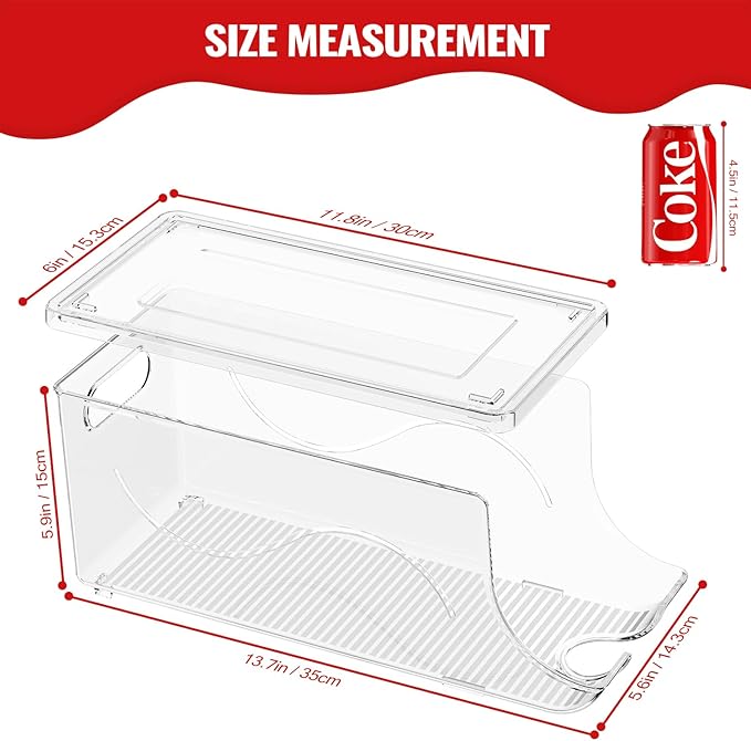Stackable Refrigerator Organizer, Soda Can Dispenser Pop Cans Container Beverage Holder with Lid for Fridge, Freezer, Kitchen, Clear Plastic Storage Bins-Holds 10 Cans Each (Clear)
