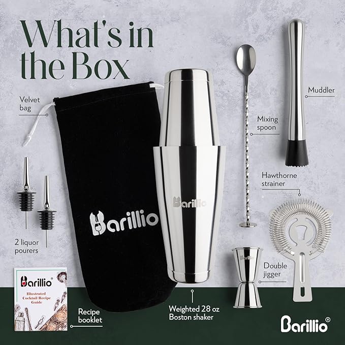 Barillio Boston Shaker Set - Stainless-Steel, Weighted, Martini Cocktail Shaker Set w/Strainer & Mixer - Mixology Bartender Kit - Bar Set for The Home - 9-pc Drink Shaker Set - Bar Tools - Silver