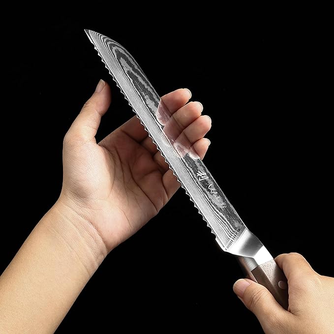Wakoli HIK Full Tang Damascus Bread Knife – Serrated Kitchen Knife | 8-Inch Blade Made of 67-Layer Damascus Steel with VG10 Core | Walnut Wood Handle | Sharp, Durable, Gift Box Included
