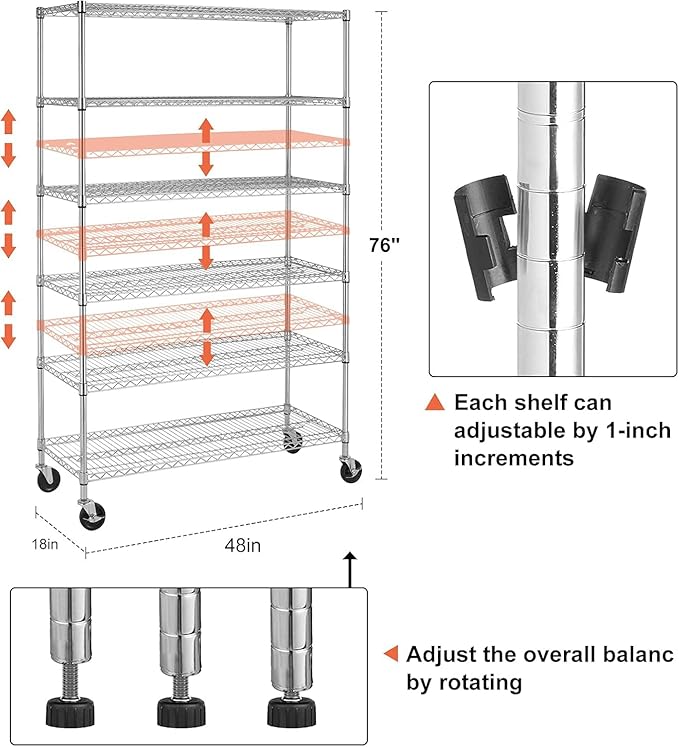 6-Shelf Storage Shelves Wire Shelving Unit with Wheels, 6000lbs Heavy Duty Metal Garage Shelving Storage Rack Adjustable NSF Shelf for Commercial Rolling Utility，(48"x18"x76", Chrome)
