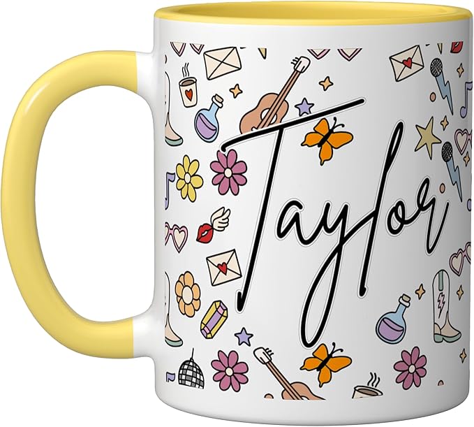 Girl Retro Taylor First Name Coffee Mug for Men Women Ceramic Mug, Yellow/White