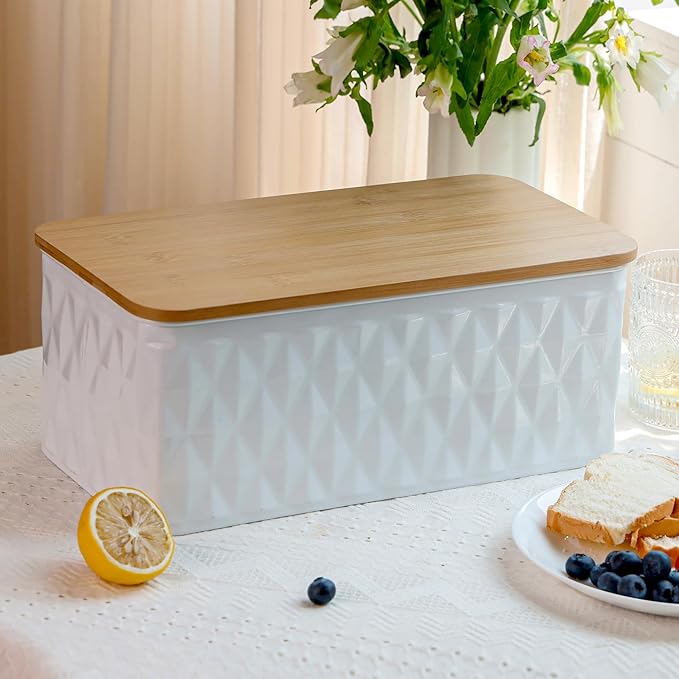 Large Bread Box for Kitchen Countertop Corner Breadbox for Homemade Bread Metal White Diamond Pattern Embossed Bread Storage Container Bin with Bamboo Lid
