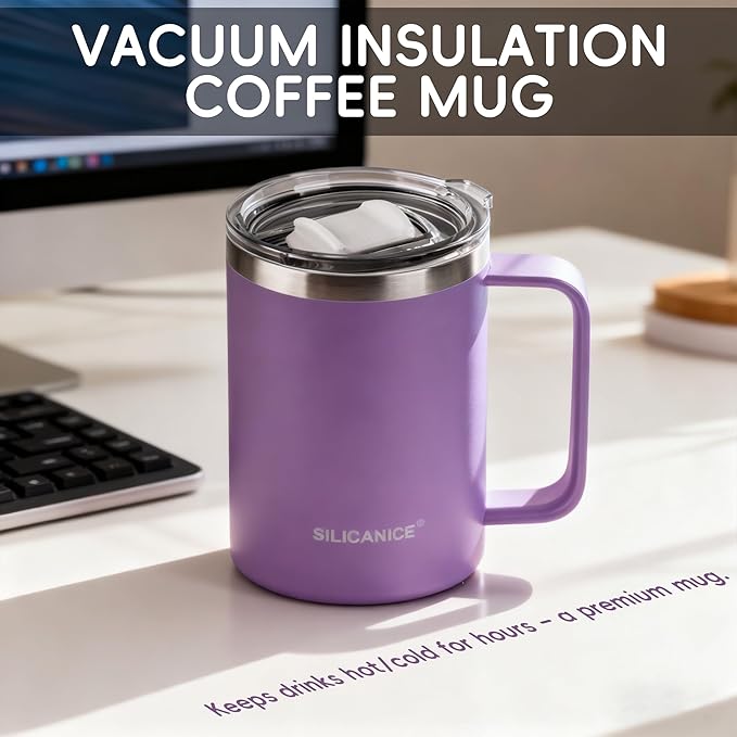 14/24oz Insulated Coffee Mug Cup With Handle, 304 Stainless Steel Vacuum Insulation, Tritan Detachable Slider Lid, BPA Free, Dishwasher Safe - Office & Home - Lilac