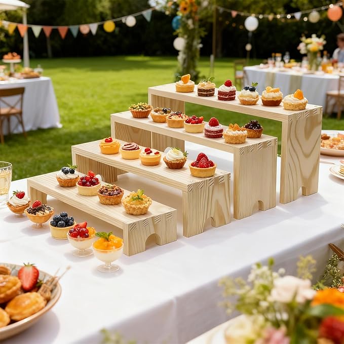 Wooden Display Stand Wood Tiered Racks, 2 Set 8 Piece Wood Display Shelf for Cupcake,Jewelry,Card, Vendor Events, Table Shelves Wooden Riser Organizer Dessert Showcase-Natural