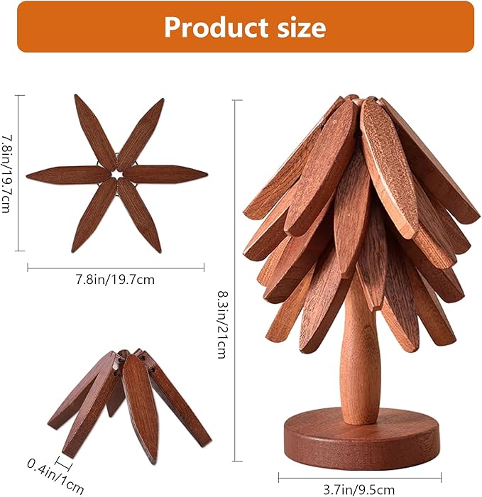Wooden Trivets for Hot Dishes, Tree Shape Trivet Set, for Hot Dishes, Pot, Bowl, Teapot, 5 Wooden Trivets+1 Stand, Like a Christmas Tree, Natural Foldable Kitchen Wooden Trivet (Walnut Wood)