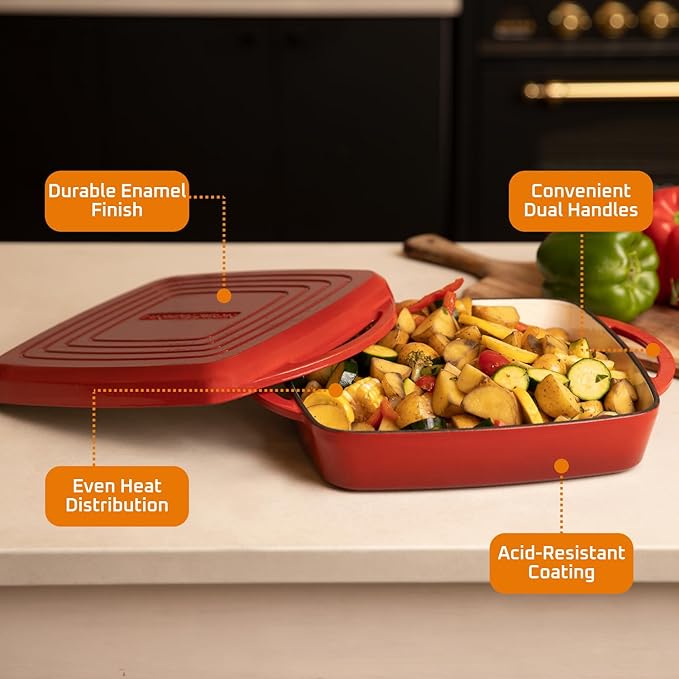 Bruntmor 2-in-1 Square Enameled Cast Iron Dutch Oven Baking Pan and Gridle Lid with Dual Handles, Cast Iron Skillet lid, Coating Gridle for Baking, Bacon,Steaks - Red