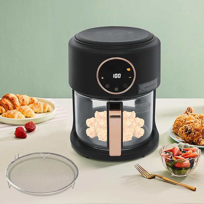 Glass Air Fryer 3.81QT with 360° View, 1200W Touchscreen & 8 Presets, Borosilicate Glass Pot for Healthy Frying, Family Kitchens, Restaurants (Black)