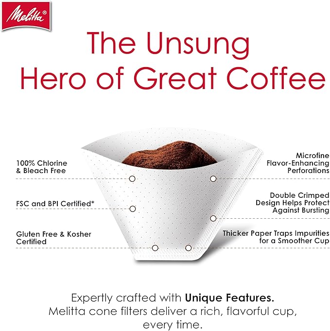 Melitta #4 Cone Coffee Filters, White, 100 Count (Pack Of 6), 600 Total Filters - Fits all 8-12 Cup Cone Coffee Makers and Pour-Overs, Compostable, Tear-Resistant, Made in USA