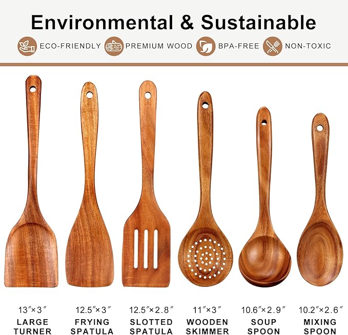 6 Piece Teak Wood Kitchen Utensil Set - Non-Scratch & Non-Toxic Kitchen Cooking Tools with Turner, Slotted Spatula, Angled Spatula, Skimmer, Serving & Salad Spoons