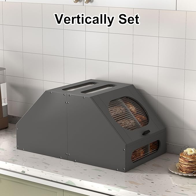 Corner Bread Box, Solid Wood Double Layer Adjustable Large Capacity, Farmhouse Vintage Kitchen Countertop Organizer with Acrylic Window, Gray
