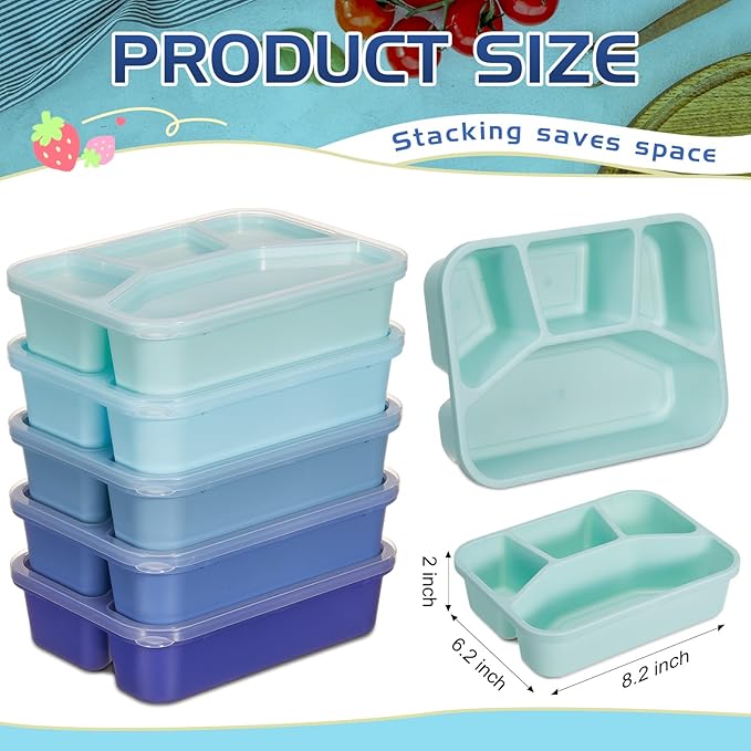 Honeydak 5 Pack Snack Containers 4 Compartment Bento Snack Boxes Reusable Lunchable Containers with Lids Divided Meal Prep Lunch Food Storage Box for School Work Travel(Blue Ombre,Mixed)