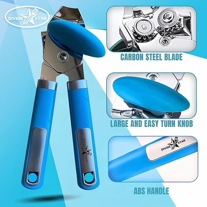Manual Can Opener for Seniors – Smooth Edge, Easy-Turn Knob, Magnetic Lid Lifter, Heavy-Duty Carbon Steel Blade, Ergonomic Comfort Grip – Blue