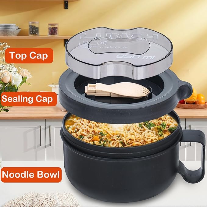 2 Pack Soup Bowl with Handles, Microwave Ramen Bowl with Lid for Soup and Instant Noodles,Oatmeal, Gumbo, Salad,BPA Free(Black Black)