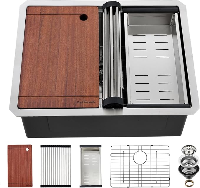 Undermount Kitchen Sink, 24 x 19 Inch Sink Kitchen 16 Gauge Stainless Steel Kitchen Sinks Single Bowl Workstation Sink with Cutting Board