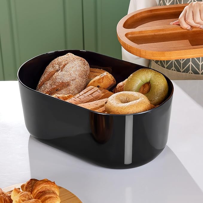 HouseJoy Large Bread Box for Kitchen Countertop,Fiber Bread Box With Thick Cutting Board Lid-Includes,Black Bread Storage for Homemade Container,Corner Bread Holder for Toast Bagel Donut Cookies