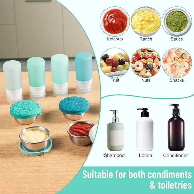 8-Pack Salad Dressing Container To Go, 2-oz Silicone Small Condiment Squeeze Bottles and 1.6 oz Stainless Steel Sauce Containers Cups, Leakproof Condiment Containers with Lids for Lunch Box