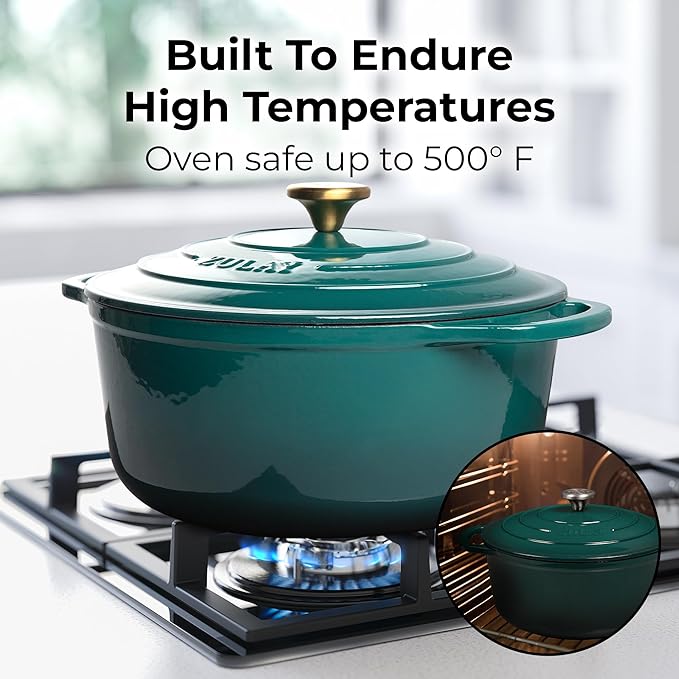 Zulay Kitchen 7.7 Quart Enameled Cast Iron Dutch Oven Pot with Lid – Premium Durability & Oven Safe up to 500°F – Heavy Duty Cookware Perfect for Bread Baking, Stews, Braising & Roasting – Emerald