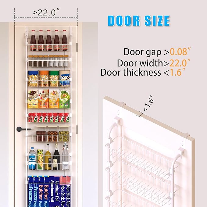 White Over the Door Pantry Organizer 5 Tier, Adjustable Basket Pantry Door Organizer and Storage, Heavy Duty Metal Kitchen Hanging Spice Rack (D5xW19xH50 Inches)