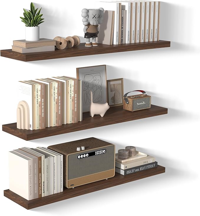 12 Inch Deep Floating Shelves for Wall 3 Pack Floating Shelfs Large Storage Space Wall Decor Display Shelf for Bathroom Living Room Bedroom Kitchen 48" W x 12" D x 1.2" H Walnut
