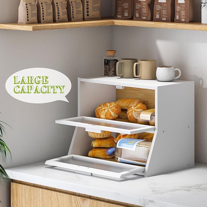 BMOSU Large Bread Box Double Layer Bamboo Bread Box for Kitchen Counter Container Farmhouse Bread Holder Capacity Bread Storage Bin(White)