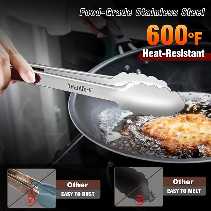 Walfos Stainless Steel Kitchen Tongs - 7, 9 & 12 Inch Heavy Duty Locking Metal Tongs for Cooking, BBQ Grilling, Set of 3 Non-Slip Grip (Wine Red)