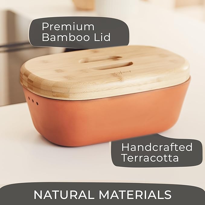 Steinzeit Bread Box Made from Breathable Terracotta (9.8x5.1x3.9 inches) - Keeps Bread Fresh Longer - Bread Box for Kitchen Countertop - Bread Storage for Homemade Sourdough Bread