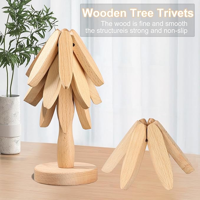 Wooden Trivets for Hot Dishe, Tree Shape Trivet Set, 4 Wooden Trivet + 1 Stand Stored Like a Christmas Tree, Beech Wood Trivets for Hot Pots, Teapot, Practical on The Kitchen Counter Christmas Deco