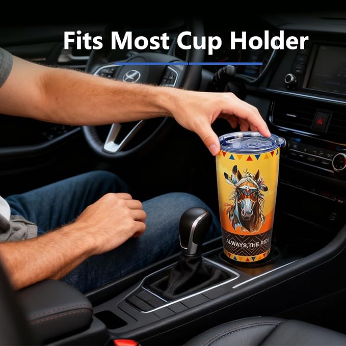 20oz Stainless Steel Double Vacuum Insulated Tumbler | Western Indian Tribe Horse Art, Leak-Proof Travel Mug Cup for Hot/Cold Drinks (5H Hot, 20H Cold)