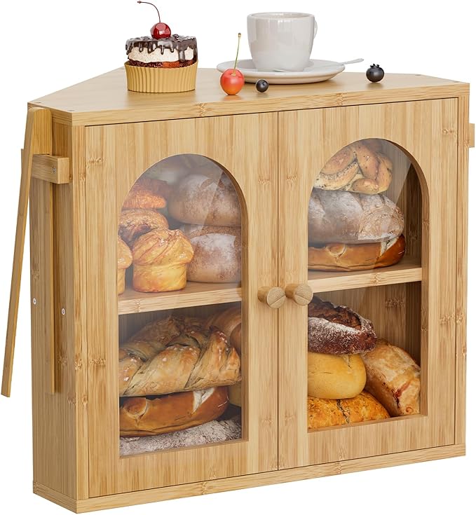 WOWLIVE Corner Bread Box for Kitchen Countertop, 2 Tier Bamboo Bread Storage Container for Homemade Bread with Clear Acrylic Door Panel, Large Bread Bin Farmhouse Breadbox Organizer (Natural, Medium)