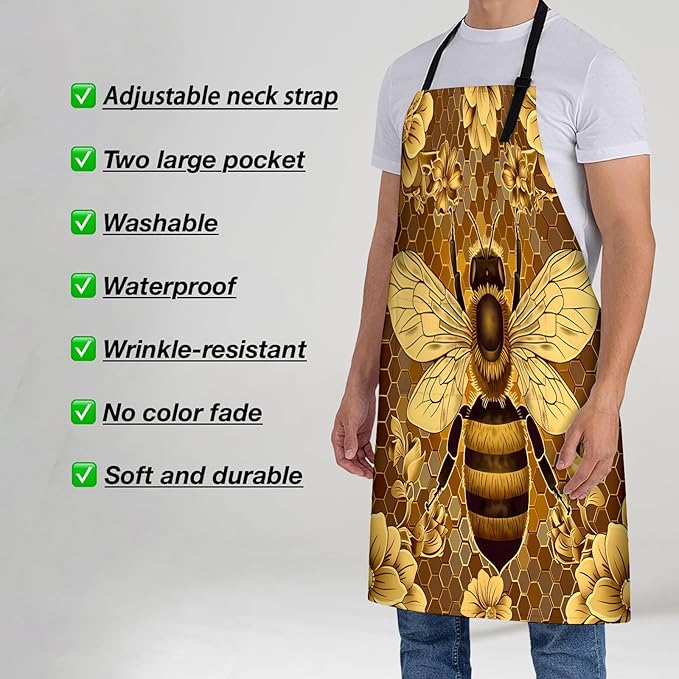 Bee and Floral Apron for Women, 28x33in, Kitchen Chef Aprons with 2 Pockets, Polyester, Golden Flower Apron for Cooking BBQ Baking Gardening Chef, Gifts for Mom Wife Dad