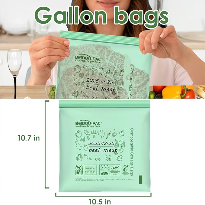 Compostable Gallon Food Storage Freezer Bags, 50 Count | 2 Mil | 10.5" * 10.7", Freshness Easy Open Biodegradable, Eco-Friendly Reclosable Compost Zippper Bags