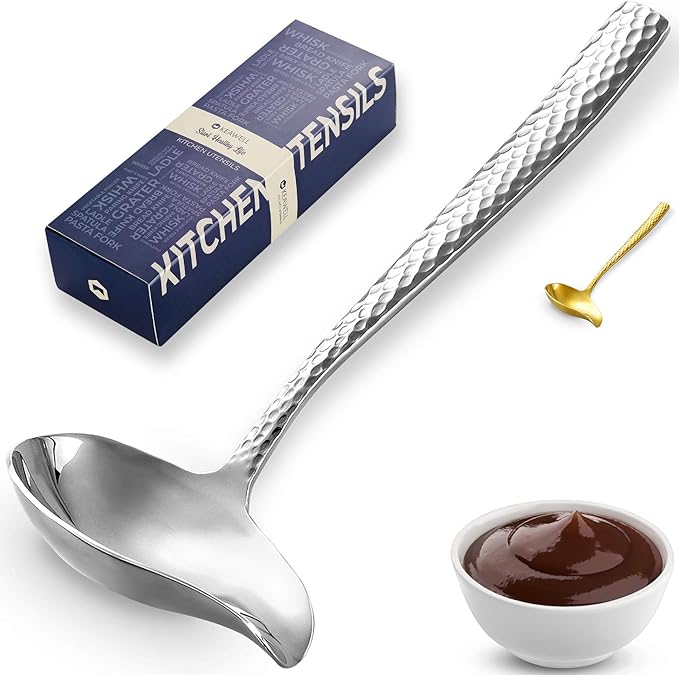 KEAWELL Louis Hammered 18/10 Stainless Steel Sauce Ladle With Pouring Spout, Great small sauce spoon for gravies and dressings, 7.4 Inch, Dishwasher Safe (1)