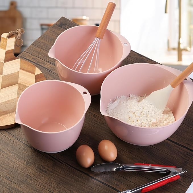 3 Mixing Bowls Set with Lids,Pour Spout and TPR Bottom, Plastic Nesting Bowl Use for Kitchen Cooking-Prep,Serving,Baking Bread Cake,Pancake,Waffle,Non-slip,Dishwasher Safe,3Qt,2Qt,1.5Qt,Pink