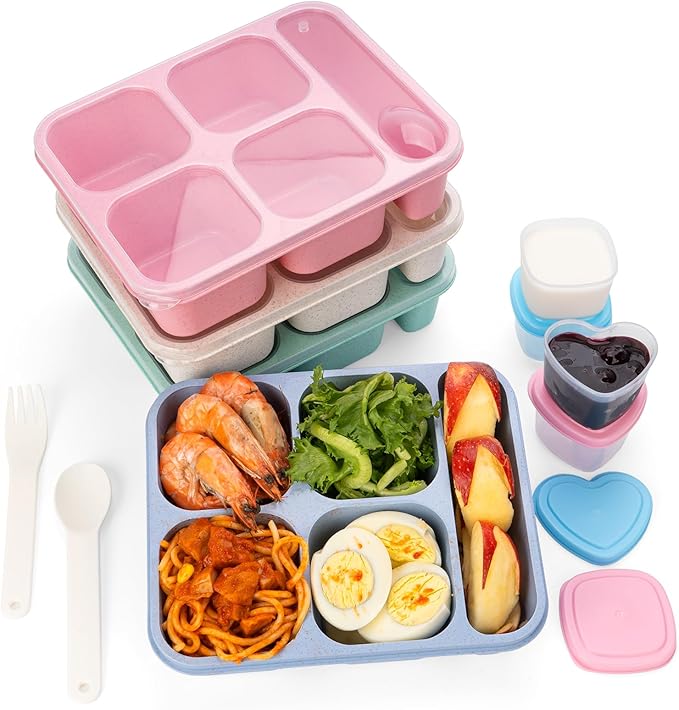 Bento Box Adult Lunch Box 5 Compartment Snack Containers for Kids, Stackable Lunch Containers Food Storage Box- Reusable Snack Container Box for School, Work, Travel, BPA-Free (4 Pack)