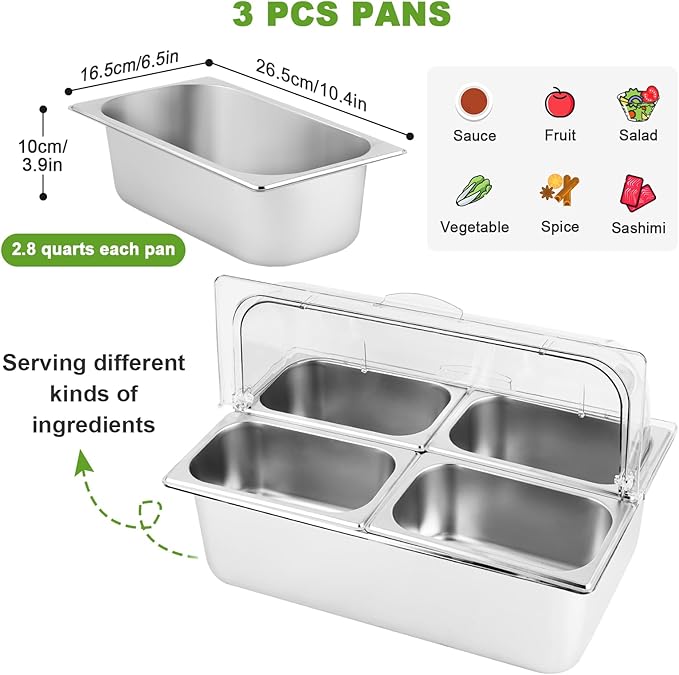 Cold Food Buffet Server 4 Pans×2.7QT with Ice Packs for Salad Pizza Sauce Colded Serving Trays Condiments Containers for Parties Buffet