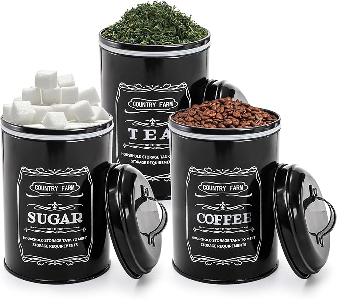 yarlung Metal Bread Box with 3 Kitchen Canisters Set, Large Black Farmhouse Bread Tin for Kitchen Countertop, Coffee Tea Sugar Canister with Airtight Lid for Pantry Organizer Home Storage